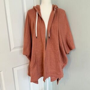 Aerie Women's Oversized Open Front Hooded Sweatshirt Short Sleeves M/L Orange